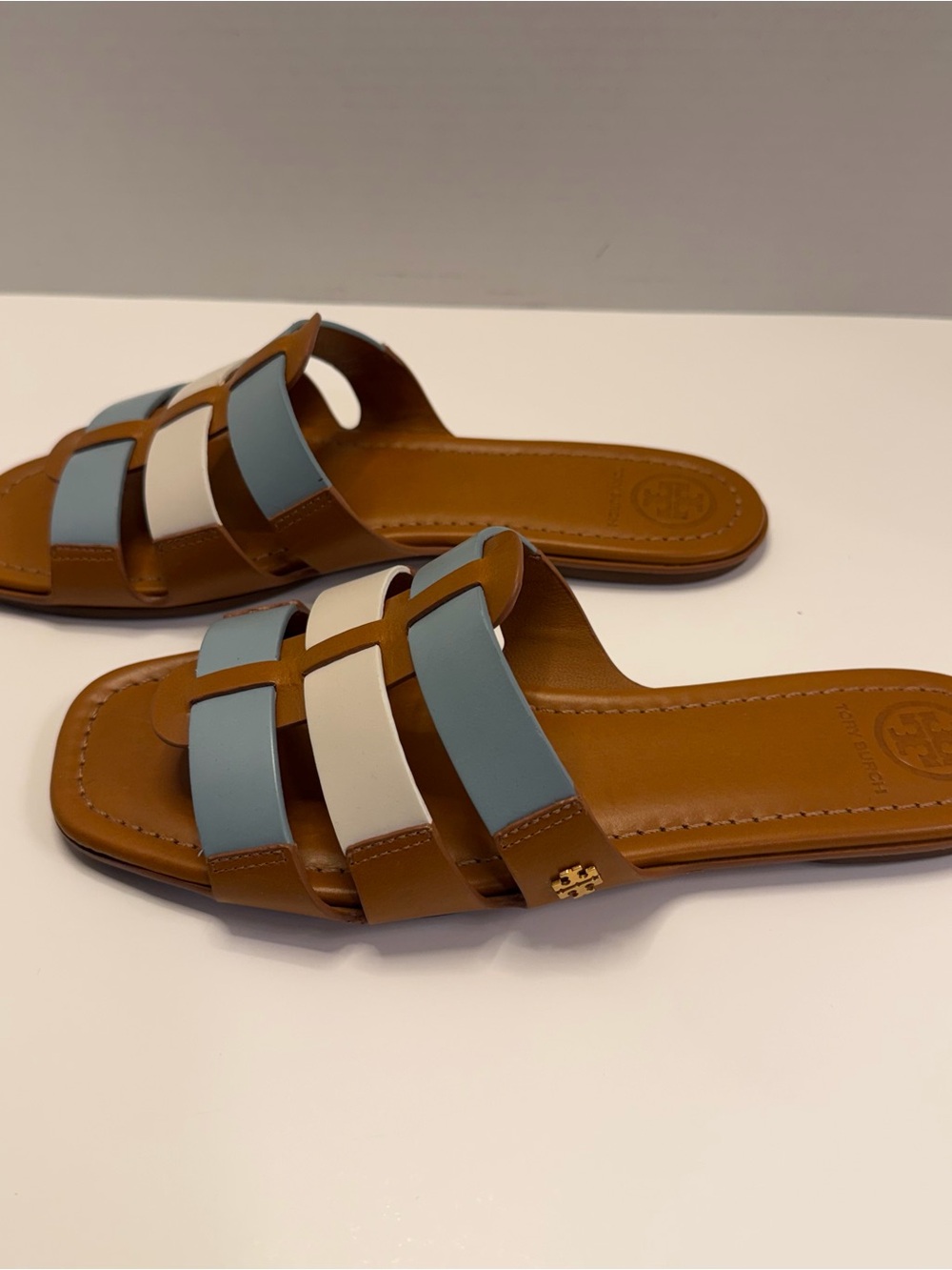 Tory Burch Multi Strap Slide Sandals Leather Blue White Brown Size 7 - Picture 8 of 13